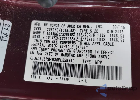 2015 Honda Cr-V Lx z USA, uszkodzony, nr VIN 5J6RM4H30FL059830